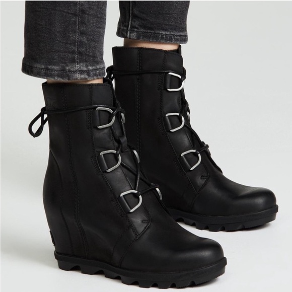 Sorel Women's Joan of Arctic Wedge II Leather Lace Up Boot Black 9.5 - Picture 1 of 10